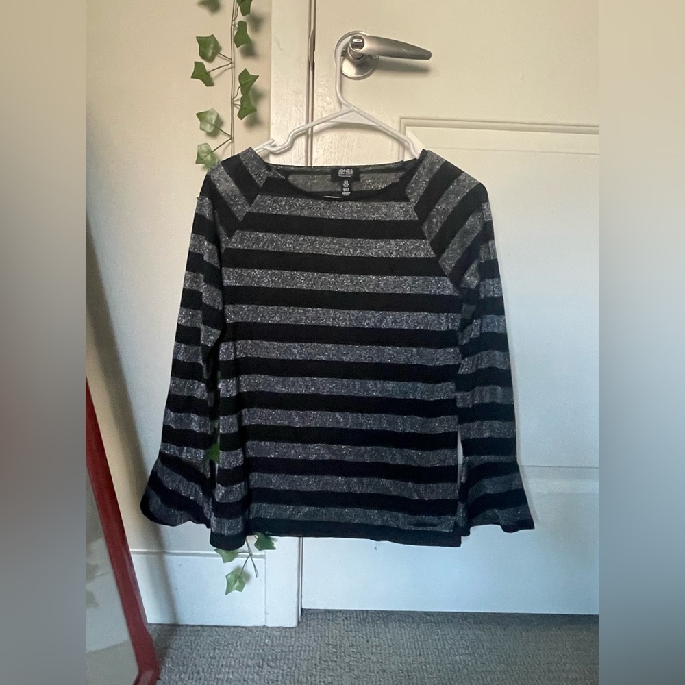Jones New York Black and Gray Striped Top With Flared Sleeves